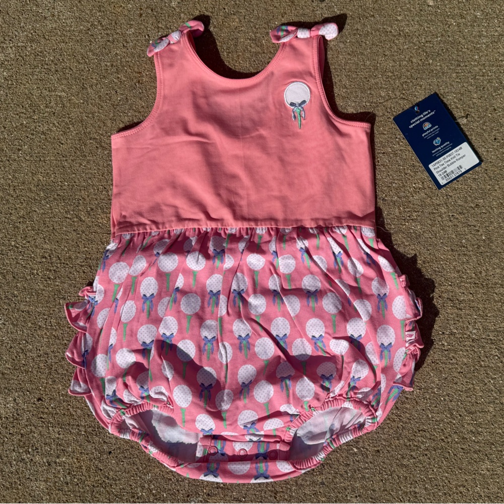 Ruffle Butts Pink Tee Time Knit Tie Shoulder Bubble Romper -18-24 months - NWT